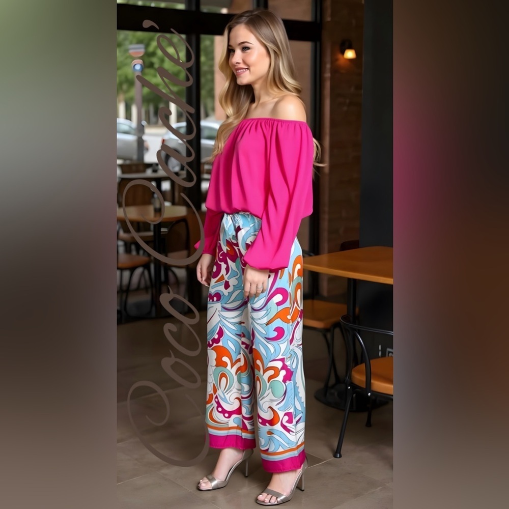 Pink Bohemian Tropical Vibes Off-The-Shoulder Top Pants Two Piece Set